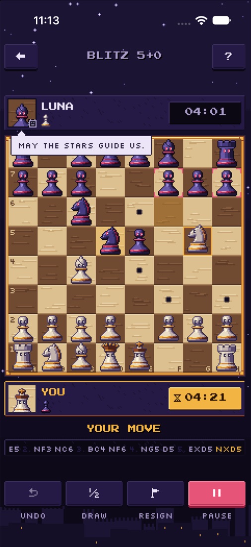 A match in progress against Luna, with clocks