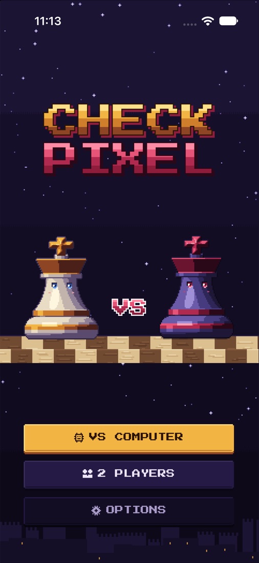 CheckPixel main menu with the white and black kings facing off
