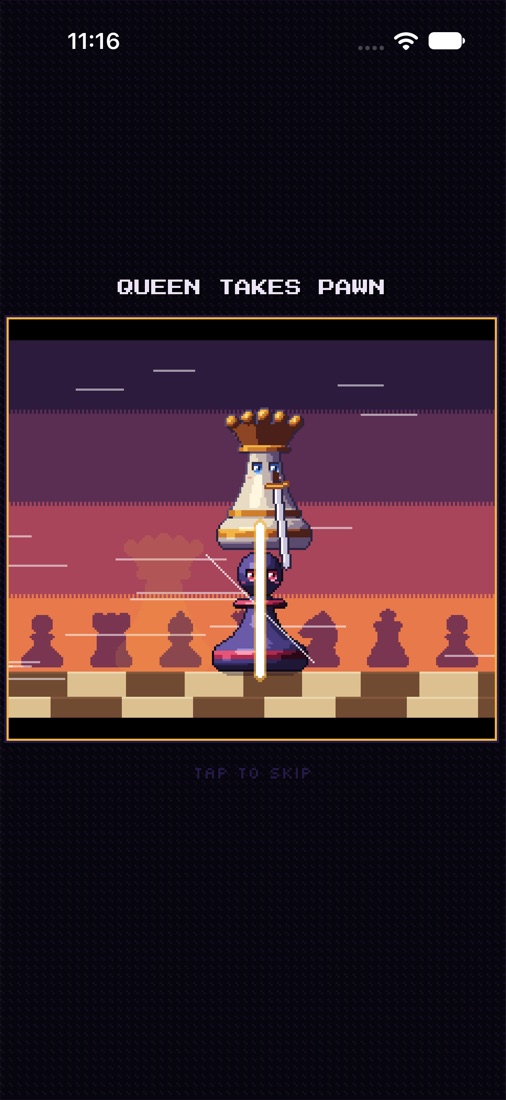 The queen slashes the pawn with her sword